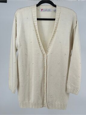 Vintage 80’s Women’s Medium Chaus Cream Pearl-Embellished Open Cardigan Classic